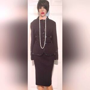 ESCADA 10/12 BLACK BOUCLE WOOL CALFSKIN PATENT LEATHER LOGO NWT SKIRT TALL